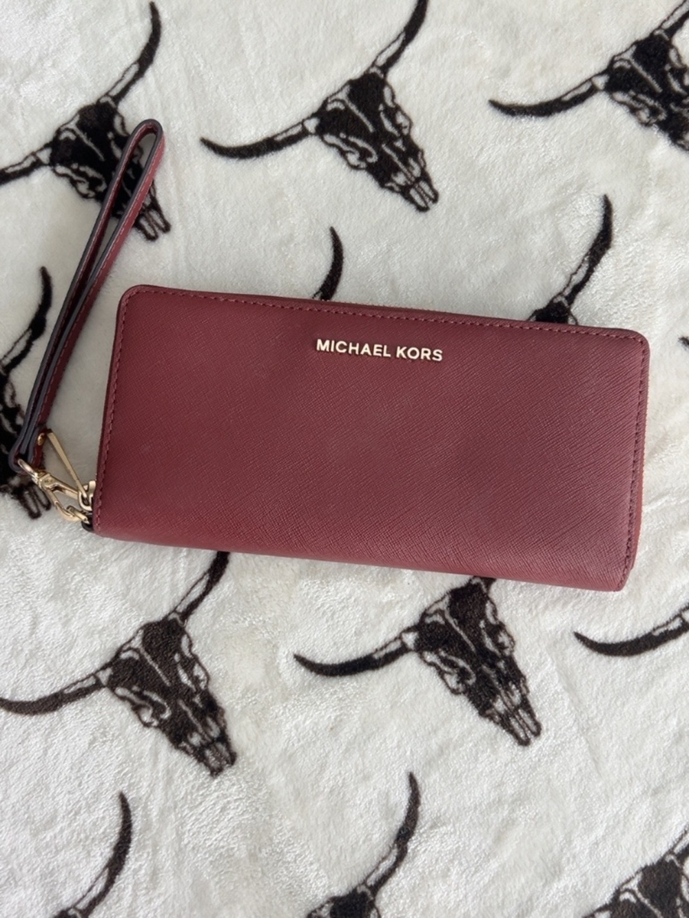 Michael Kors Burgundy Saffiano Zip Around Continental Wristlet Wallet Gold